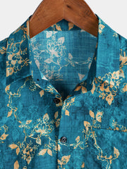 Men's Blue Floral Print Breathable Summer Short Sleeve Hawaiian Shirt
