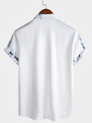 Men's Blue Floral Print Hawaiian Button Up Cruise Holiday Short Sleeve Shirt