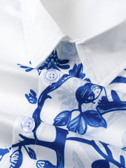 Men's Blue Floral Print Summer Beach Cruise Hawaiian Short Sleeve Shirt