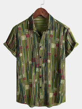 Men's Retro Green Geometric Holiday Soft Button Up Short Sleeve Shirt