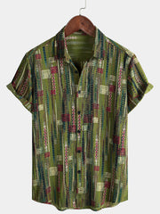 Men's Retro Green Geometric Holiday Soft Button Up Short Sleeve Shirt