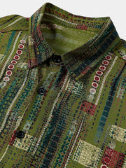 Men's Retro Green Geometric Holiday Soft Button Up Short Sleeve Shirt