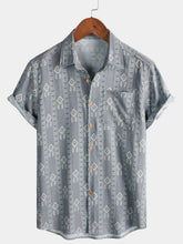 Men's Vintage Vertical Striped Short Sleeve 70s Aztec Print Grey Shirt