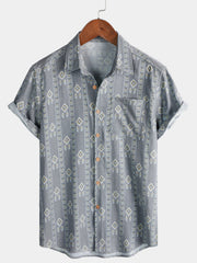 Men's Vintage Vertical Striped Short Sleeve 70s Aztec Print Grey Shirt