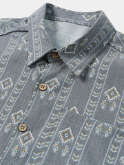 Men's Vintage Vertical Striped Short Sleeve 70s Aztec Print Grey Shirt