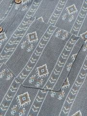 Men's Vintage Vertical Striped Short Sleeve 70s Aztec Print Grey Shirt