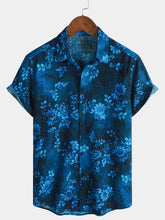 Men's Blue Floral Print Vacation Hawaiian Short Sleeve Shirt