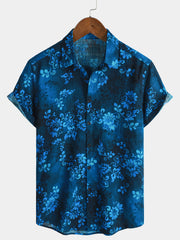 Men's Blue Floral Print Vacation Hawaiian Short Sleeve Shirt