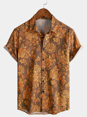 Men's Brown Retro Floral Print Vintage Hawaiian Summer Shirt