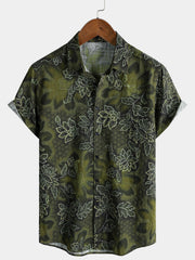 Men's Green Floral Print Vintage Hawaiian Short Sleeve Shirt