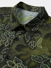 Men's Green Floral Print Vintage Hawaiian Short Sleeve Shirt