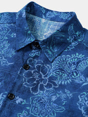 Men's Blue Floral Print Breathable Hawaiian Short Sleeve Shirt