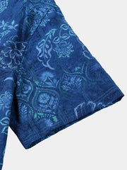 Men's Blue Floral Print Breathable Hawaiian Short Sleeve Shirt