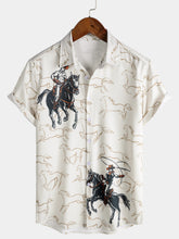 Men's Retro Western Casual Cowboy Equestrian Print Short Sleeve Shirt