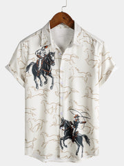 Men's Retro Western Casual Cowboy Equestrian Print Short Sleeve Shirt
