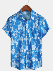 Men's Blue Floral Vintage Hawaiian Short Sleeve Tropical Shirt