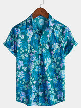 Men's Blue Floral Summer Hawaiian Short Sleeve Button Up Shirt