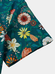 Men's Green Floral Hawaiian Short Sleeve Lightweight Cotton Holiday Shirt
