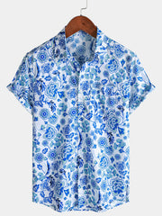 Men's Blue Paisley Floral Hawaiian Short Sleeve Holiday Shirt