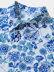 Men's Blue Paisley Floral Hawaiian Short Sleeve Holiday Shirt