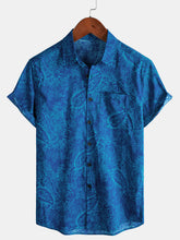 Men's Blue Vintage Paisley Floral Short Sleeve Button Shirt