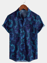 Men's Skull Punk Rock and Roll Cool Blue Hawaiian Short Sleeve Shirt