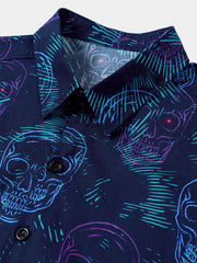 Men's Skull Punk Rock and Roll Cool Blue Hawaiian Short Sleeve Shirt