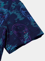 Men's Skull Punk Rock and Roll Cool Blue Hawaiian Short Sleeve Shirt