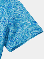 Men’s Light Blue Paisley Short Sleeve Button Down Casual Summer Beach Shirt