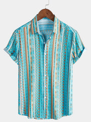 Men’s Vintage Geometric Stripe Short Sleeve Button Down Breathable Casual Shirt