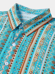 Men’s Vintage Geometric Stripe Short Sleeve Button Down Breathable Casual Shirt