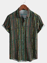Men’s Green Vintage Stripe Short Sleeve Button Breathable Casual Shirt