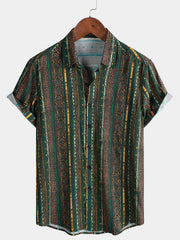 Men’s Green Vintage Stripe Short Sleeve Button Breathable Casual Shirt