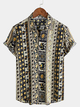 Men’s Vintage Tribal Stripe Short Sleeve Button Up Casual Beach Shirt