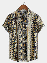 Men’s Vintage Tribal Stripe Short Sleeve Button Up Casual Beach Shirt