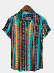 Men’s Vintage Paisley Stripe Short Sleeve Button Down Breathable Casual Shirt