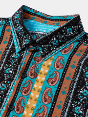 Men’s Vintage Paisley Stripe Short Sleeve Button Down Breathable Casual Shirt
