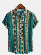 Men’s Vintage Boho Elephant Pattern Short Sleeve Beach Vacation Resort Shirt