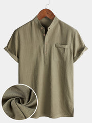 Men's Casual Solid Stand Collar Half Placket Short Sleeve Shirt