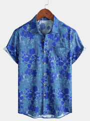 Men’s Holiday Breathable Blue Hawaiian Beach Casual Cotton Short Sleeve Shirt