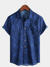 Men’s Vintage Holiday Breathable Blue Botanical Pattern Casual Cotton Short Sleeve Shirt