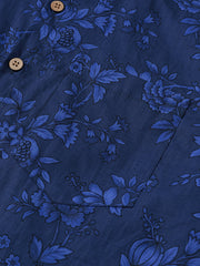 Men’s Vintage Holiday Breathable Blue Botanical Pattern Casual Cotton Short Sleeve Shirt