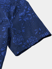 Men’s Vintage Holiday Breathable Blue Botanical Pattern Casual Cotton Short Sleeve Shirt