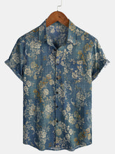 Men’s Vintage Floral Print Casual Cotton Short Sleeve Shirt