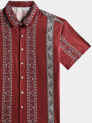Men’s Retro Hawaiian Print Paisley Striped Cotton Breathable Resort Vacation Short Sleeve Shirt