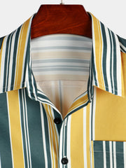 Men's Casual Button Up Retro Yellow And Green Vertical Striped Pocket Short Sleeve Shirt