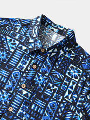 Men’s Summer Beach Blue Black Geometric Cotton Casual Breathable Short Sleeve Shirt