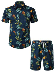 Men's Lemon Print Cotton Tropical Fruit Hawaiian Shirt and Shorts Set