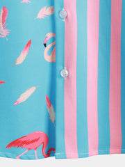 Men's Flamingo & Striped Print Pocket Short Sleeve Shirt
