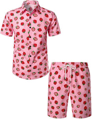 Men's Lemon Print Cotton Tropical Fruit Hawaiian Shirt and Shorts Set